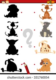 Cartoon Vector Illustration of Educational Shadow Task for Children with Dogs Animal Characters