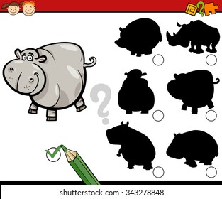 Cartoon Vector Illustration of Educational Shadow Task for Preschool Kids with Hippo Animal Character