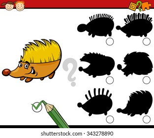 Cartoon Vector Illustration of Educational Shadow Task for Preschool Children with Hedgehog Animal Character