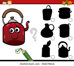 Cartoon Vector Illustration of Educational Shadow Task for Preschool Children with Kitchen Pots