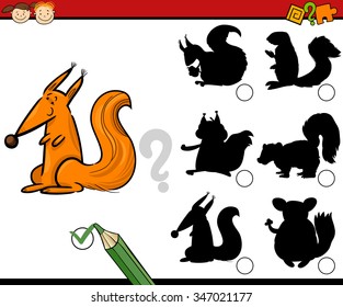 Cartoon Vector Illustration of Educational Shadow Matching Task for Preschoolers with Squirrel Animal Character