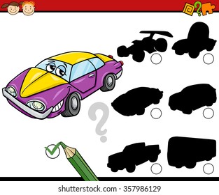 Cartoon Vector Illustration of Educational Shadow Task for Preschool Children with Car and Vehicles
