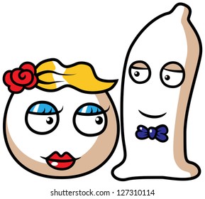 Cartoon vector illustration of egg and condom, safe sex concept