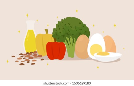 cartoon vector illustration of eggs, olive oil,broccoli, bell pepper and almonds