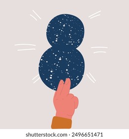 Cartoon vector illustration of Eight in hand. A hand holds number. Concept with number eight. Birthday 8 years, percentage, eighth grade or day, international women's day.