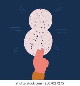 Cartoon vector illustration of Eight in hand. A hand holds number 8. Concept with number eight. Birthday 8 years, percentage, eighth grade or day, international women's day over dark background