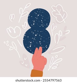 Cartoon vector illustration of Eight in hand. A hand holds 8 number. Concept with number eight. Birthday 8 years, percentage, eighth grade or day, international women's day.