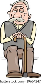 Cartoon Vector Illustration of Elder Man Senior or Grandfather with Cane