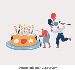Cartoon vector illustration of elderly coople celebrating birthday together. Grandmother birthday.