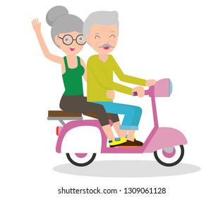 Cartoon vector illustration of elderly couple on motorbike, old people riding on their motorcycle