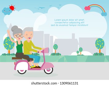 Cartoon vector illustration of elderly couple on motorbike, old people riding on their motorcycle