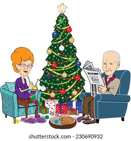 Cartoon vector illustration of an elderly couple sitting in front of a Christmas tree, the woman is knitting, the man is reading a newspaper, the cat is sleeping in its bed.