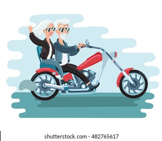 Cartoon vector illustration of elderly couple on motorbike. Happy pensioner riding. Freedom and fun