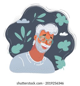 Cartoon vector illustration of elderly man in pair of glasses on dark backround.