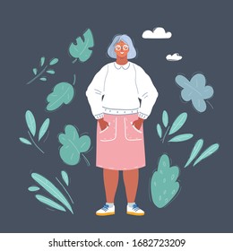 Cartoon vector illustration of elderly woman on dark background.