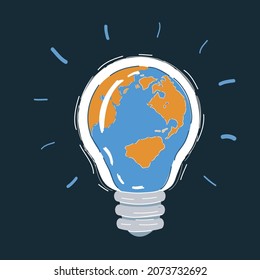 Cartoon vector illustration of an electric light bulb with a world globe on dark backround.