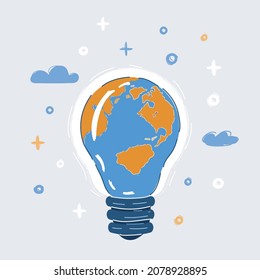 Cartoon vector illustration of electric light bulb with a world globe.