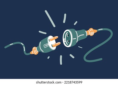 Cartoon vector illustration of Electric socket with a plug. Connection and disconnection concept. Concept of 404 error connection. Electric plug and outlet socket unplugged. Wire, cable of energy disc