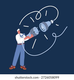 Cartoon vector illustration of of an electric socket with a plug over dark background