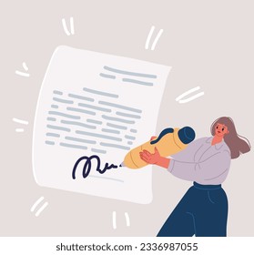 Ilustración vectorial de dibujos animados del concepto de contrato electrónico o firma digital. Business Woman firma. Concepto de infografía de firma de contrato.