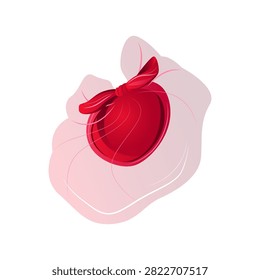 Cartoon vector illustration of an elegant red pillbox hat with a bow and light pink tulle veil. Isolated vintage female headwear on white background.