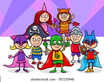 Cartoon Vector Illustration of Elementary Age Children Characters at the Mask Ball