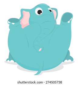 A cartoon vector illustration of a elephant sitting on its back with two legs up.