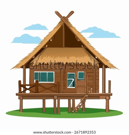 A cartoon vector illustration of an elevated wooden bungalow. The house features a thatched straw roof, a porch with a railing, windows, and a door, all resting on stilts.
