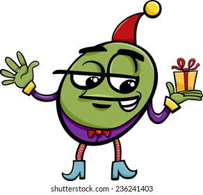 Cartoon Vector Illustration of Elf or Gnome with Christmas or Birthday Present
