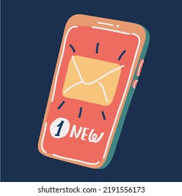 Cartoon vector illustration of Email notification concept. New email on the smartphone screen over dark backround