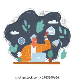 Cartoon vector illustration of Email received. Man who sitting at the desk just received message.