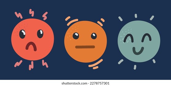 Cartoon vector illustration of Emoticon in a good mood, bad and indifferents modes over dark background
