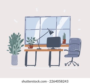 Cartoon vector illustration of empty office workspace co-working space