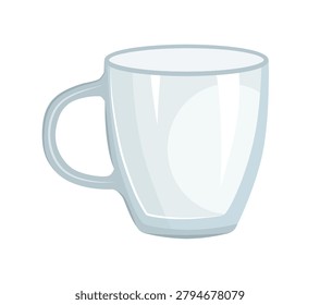 Cartoon vector illustration of an empty transparent glass mug with a handle for tea or coffee. Isolated glassware item.