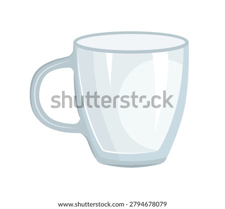 Cartoon vector illustration of an empty transparent glass mug with a handle for tea or coffee. Isolated glassware item.