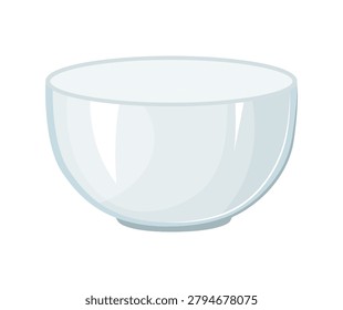 Cartoon vector illustration of an empty white ceramic bowl or porcelain soup dish. Isolated household tableware object.