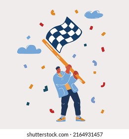Cartoon vector illustration of end of a race, man with finishied flag