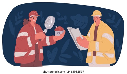 Cartoon vector illustration of engineer with blueprint on under construction site over dark backround