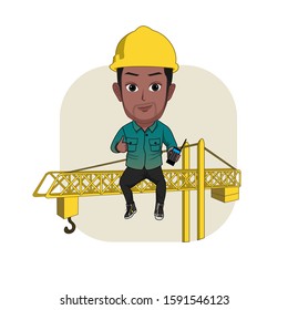 cartoon vector illustration of an engineer in project work clothes, safety helmet and carrying a walkie talkie sitting on a crane. Isolated with white background.