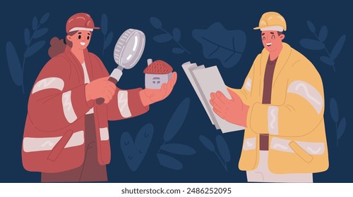 Cartoon vector illustration of Engineers team watching and checking details on a construction site over dark backround