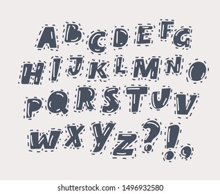 Cartoon vector illustration of English alphabet. Black and white lettering. ABC on dark background.