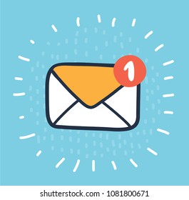 Cartoon vector illustration of envelope icon with unread message. Hand drawn funny concept.