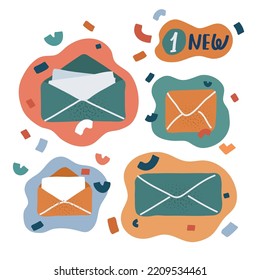 Dibujo vectorial de dibujos animados de sobres. Mensaje de correo, carta de correspondencia. Mensajería de preparación o notificación postal, franqueo. Abrir letras con papel dentro