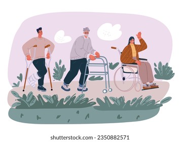 Cartoon vector illustration eople with disability, therapy, reabilitation. Man on crunch, woman in wheelchcair, Oldman elderly man using walking frame