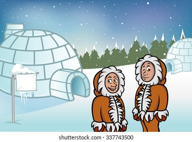 cartoon vector illustration of Eskimos and igloos