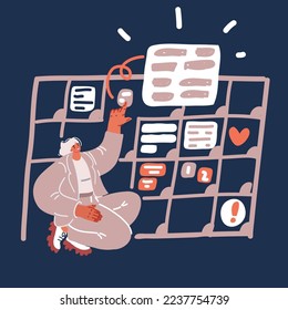 Cartoon vector illustration of Event planner timetable agenda plan on schedule event. Business woman checking planner mobile phone, taking note on calendar desk. Calendar event over dark backround