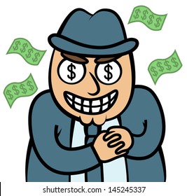 Cartoon vector illustration of evil money hungry man in suit, mafia, dealer, banker, loan shark, firm boss or politician