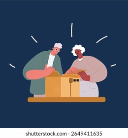 Ilustração vetorial de desenhos animados do casal empolgado desempacotar as compras de caixa aberta on-line de casa juntos. Feliz maduro. homem e mulher desempacotar pacote com ordem de internet. Bom conceito de serviço de entrega 