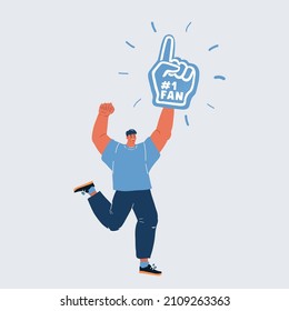 Cartoon vector illustration of Excited fan. Man with big blue fan glove over dark backround.