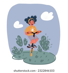 Ilustración vectorial de dibujos animados de una muchacha emocionada saltando en un palo de pogo disfrutando de la actividad al aire libre